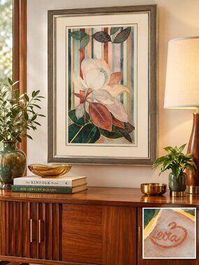 Zetta Jones Blue Magnolia Original 31 X 20 Watercolor Painting Gold Foil Realist
